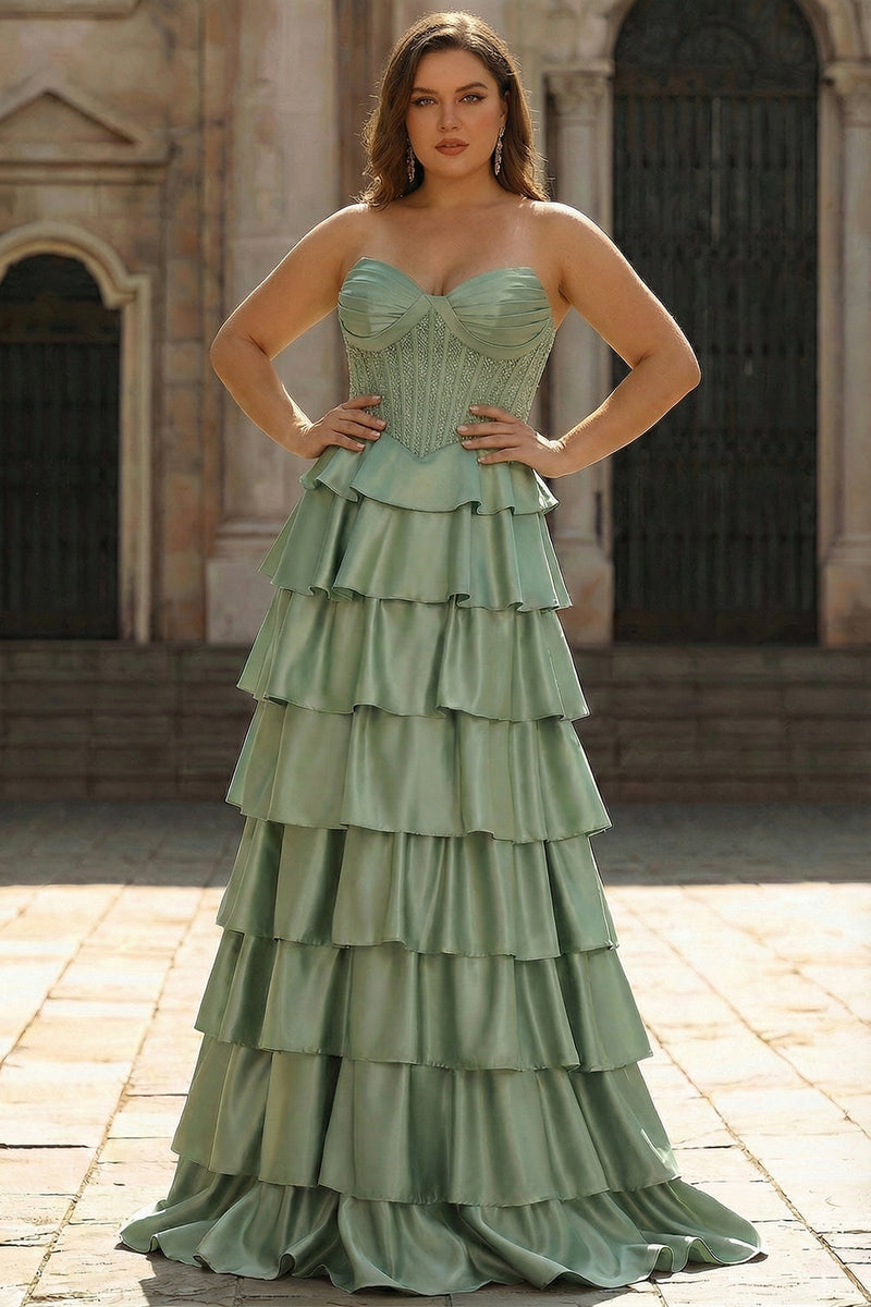 Laden Sie das Bild in den Galerie-Viewer, Grünes Herzausschnitt Gestuftes Satin Korsett Langes Plus Size Ballkleid mit Schlitz