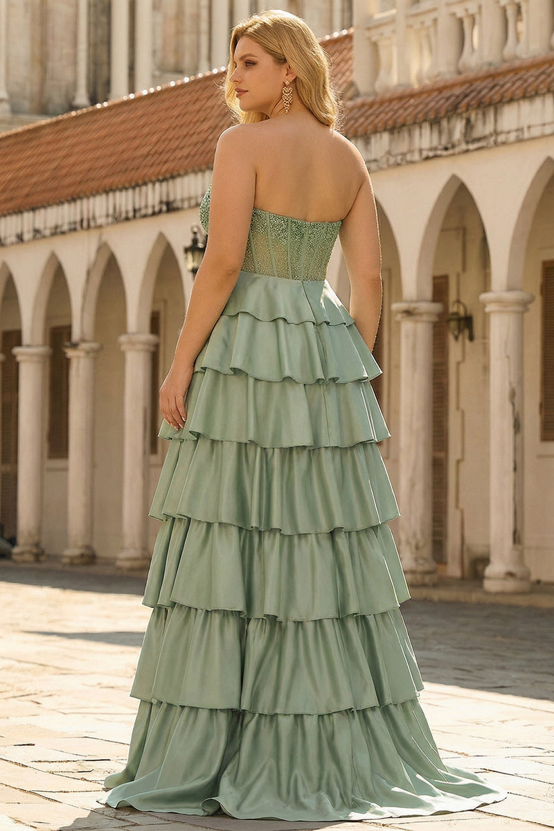 Laden Sie das Bild in den Galerie-Viewer, Grünes Herzausschnitt Gestuftes Satin Korsett Langes Plus Size Ballkleid mit Schlitz