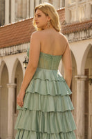 Laden Sie das Bild in den Galerie-Viewer, Grünes Herzausschnitt Gestuftes Satin Korsett Langes Plus Size Ballkleid mit Schlitz