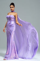 Laden Sie das Bild in den Galerie-Viewer, Grünes Glitzerndes Pailletten Meerjungfrauen Abendkleid mit langem Wickeltuch