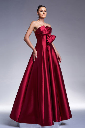 Burgundey A-Linie trägerloses Satin Ballkleid mit Schleife