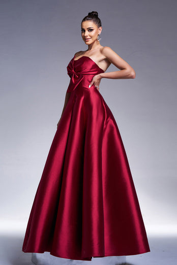 Burgundey A-Linie trägerloses Satin Ballkleid mit Schleife