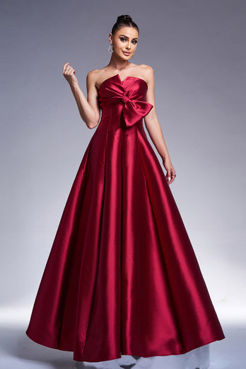 Burgundey A-Linie trägerloses Satin Ballkleid mit Schleife