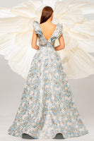 Laden Sie das Bild in den Galerie-Viewer, Hellblaues A-Linie Ballkleid mit Blumendruck und gerüschten Ärmeln