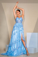 Laden Sie das Bild in den Galerie-Viewer, Glitzernde Pailletten Blaues A-Linie Korsett Ballkleid mit Schlitz