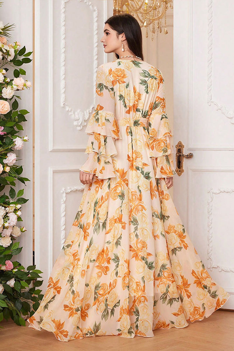 Laden Sie das Bild in den Galerie-Viewer, Gelbes geblümtes A-Linie Chiffon Kleid mit langen Ärmeln