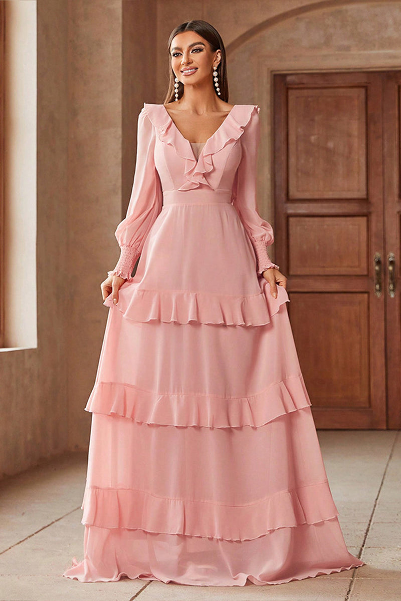 Laden Sie das Bild in den Galerie-Viewer, Rosa A-Linie Chiffon Ballkleid mit langen Ärmeln