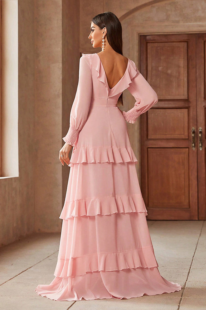 Laden Sie das Bild in den Galerie-Viewer, Rosa A-Linie Chiffon Ballkleid mit langen Ärmeln