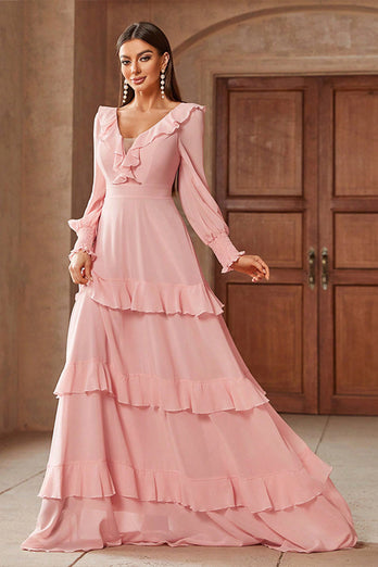 Rosa A-Linie Chiffon Ballkleid mit langen Ärmeln