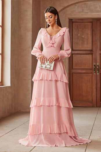 Rosa A-Linie Chiffon Ballkleid mit langen Ärmeln