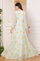 Laden Sie das Bild in den Galerie-Viewer, Hellgrünes A-Linie V-Ausschnitt Blumendruck Ballkleid mit langen Ärmeln und Schlitz