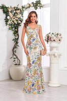 Laden Sie das Bild in den Galerie-Viewer, Golden Mermaid Blumen Langes Ballkleid mit V-Ausschnitt