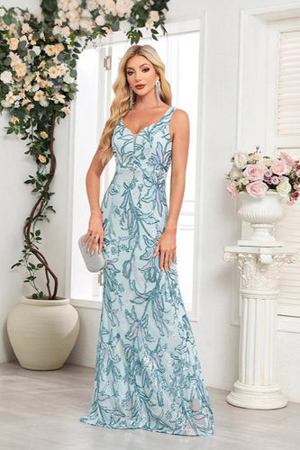 Blaues langes V-Ausschnitt Etui Ballkleid mit Blumen