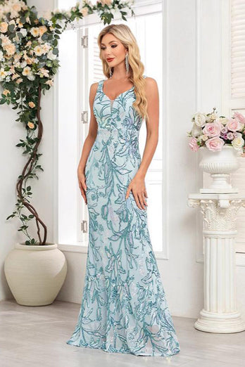 Blaues langes V-Ausschnitt Etui Ballkleid mit Blumen