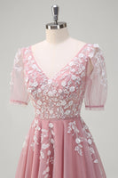 Laden Sie das Bild in den Galerie-Viewer, Glitzerndes Königsblaues A-Linie Tüll Ballkleid mit kurzen Ärmeln mit V-Ausschnitt und Applikationen