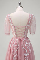 Laden Sie das Bild in den Galerie-Viewer, Glitzerndes Königsblaues A-Linie Tüll Ballkleid mit kurzen Ärmeln mit V-Ausschnitt und Applikationen