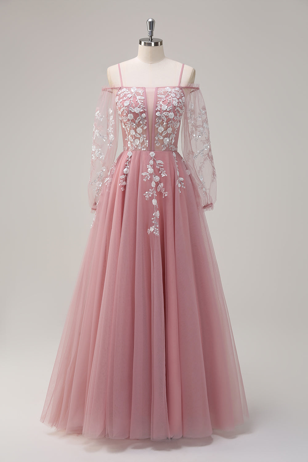 Blush Blumen A Linie Kalte Schulter Langes Ballkleid mit langen Ärmeln