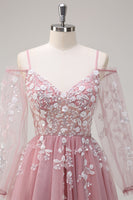 Laden Sie das Bild in den Galerie-Viewer, Königsblaues A-Linie Langes Pailletten Applikation Tüll Ballkleid mit Kalte Schultern und schlitz