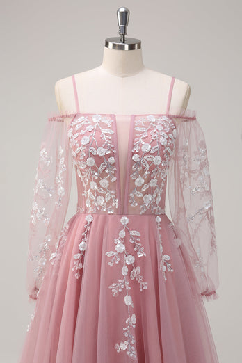 Blush Blumen A Linie Kalte Schulter Langes Ballkleid mit langen Ärmeln