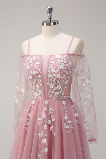 Blush Blumen A Linie Kalte Schulter Langes Ballkleid mit langen Ärmeln