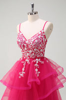 Laden Sie das Bild in den Galerie-Viewer, Glitzerndes fuchsia A-Linie Spaghettiträger Rüschen Langes Tüll Ballkleid mit Applikationen