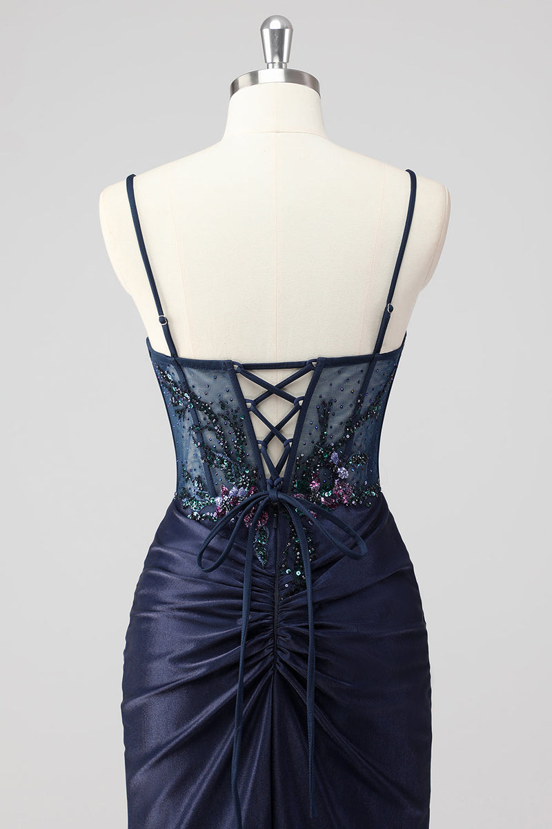 Laden Sie das Bild in den Galerie-Viewer, Glitzerndes Marineblaues Meerjungfrauen Pailletten Korsett Rüschen Langes Ballkleid mit Schlitz