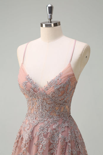 Blush A-Linie Spaghettiträger Schnürung Appliziertes langes Ballkleid mit Schlitz