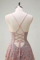 Laden Sie das Bild in den Galerie-Viewer, Blush A-Linie Spaghettiträger Schnürung Appliziertes langes Ballkleid mit Schlitz