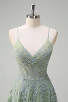 Laden Sie das Bild in den Galerie-Viewer, Blush A-Linie Spaghettiträger Schnürung Appliziertes langes Ballkleid mit Schlitz