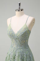 Laden Sie das Bild in den Galerie-Viewer, Blush A-Linie Spaghettiträger Schnürung Appliziertes langes Ballkleid mit Schlitz