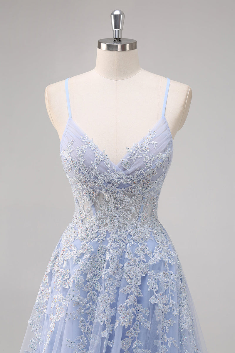 Laden Sie das Bild in den Galerie-Viewer, Lavendel A-Linie Langes Ballkleid aus Tüll mit Spaghettiträgern und Perlen und Schlitz