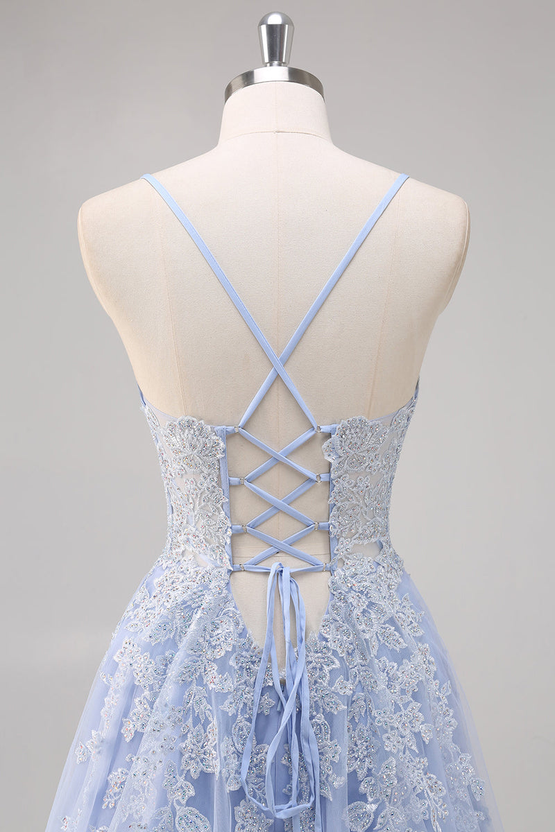 Laden Sie das Bild in den Galerie-Viewer, Lavendel A-Linie Langes Ballkleid aus Tüll mit Spaghettiträgern und Perlen und Schlitz