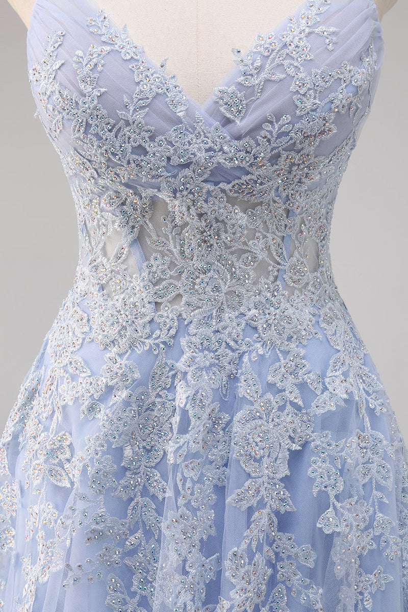 Laden Sie das Bild in den Galerie-Viewer, Lavendel A-Linie Langes Ballkleid aus Tüll mit Spaghettiträgern und Perlen und Schlitz