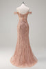 Laden Sie das Bild in den Galerie-Viewer, Funkelndes Dusty Rose Mermaid Schulterfreies Langes Ballkleid mit Schlitz