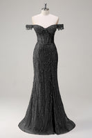 Laden Sie das Bild in den Galerie-Viewer, Funkelndes Dusty Rose Mermaid Schulterfreies Langes Ballkleid mit Schlitz