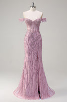 Laden Sie das Bild in den Galerie-Viewer, Funkelndes Dusty Rose Mermaid Schulterfreies Langes Ballkleid mit Schlitz