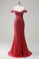 Laden Sie das Bild in den Galerie-Viewer, Funkelndes Dusty Rose Mermaid Schulterfreies Langes Ballkleid mit Schlitz