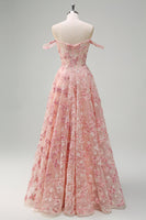 Laden Sie das Bild in den Galerie-Viewer, Rosa schulterfreies A-Linie Korsett 3D-Schmetterlinge geblümtes Ballkleid mit Schlitz