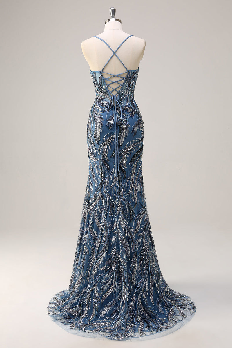 Laden Sie das Bild in den Galerie-Viewer, Glitzerndes Salbei Spaghettiträger Meerjungfrau Langes Pailletten Ballkleid mit Schlitz