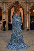 Laden Sie das Bild in den Galerie-Viewer, Glitzerndes Salbei Spaghettiträger Meerjungfrau Langes Pailletten Ballkleid mit Schlitz