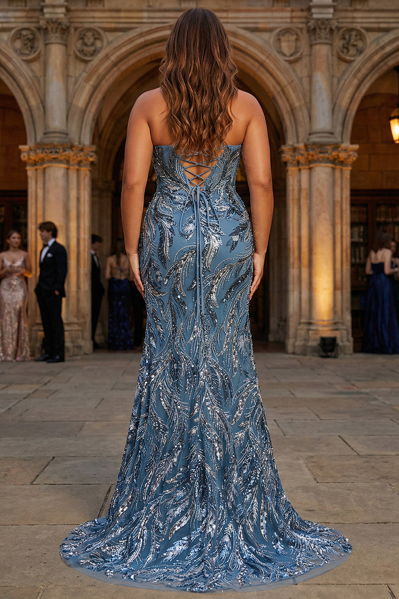 Laden Sie das Bild in den Galerie-Viewer, Glitzerndes Meerjungfrauen Twilight Pailletten Langes Plus-Size Ballkleid mit Schlitz und Schnürung hinten