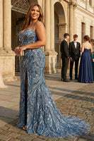 Laden Sie das Bild in den Galerie-Viewer, Glitzerndes Meerjungfrauen Twilight Pailletten Langes Plus-Size Ballkleid mit Schlitz und Schnürung hinten