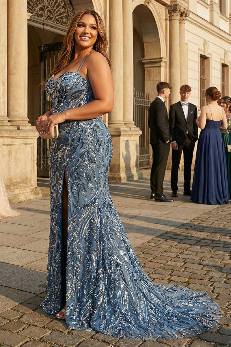 Laden Sie das Bild in den Galerie-Viewer, Glitzerndes Meerjungfrauen Twilight Pailletten Langes Plus-Size Ballkleid mit Schlitz und Schnürung hinten