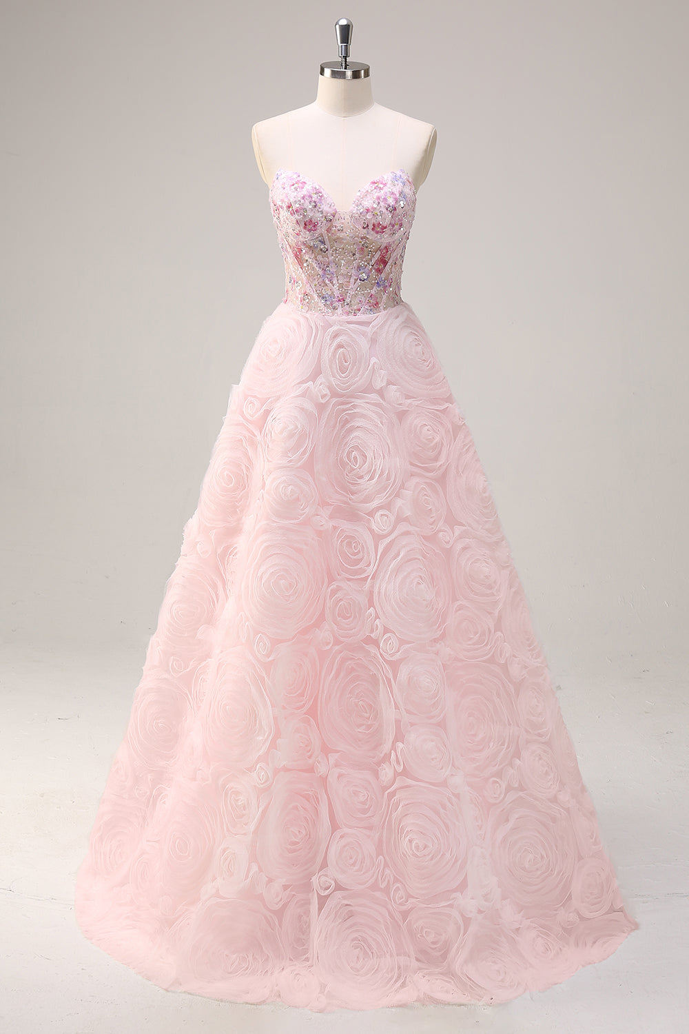 Funkelndes rosa Prinzessin trägerloses Blumen Korsett Langes Ballkleid mit Pailletten