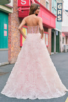 Laden Sie das Bild in den Galerie-Viewer, Glitzerndes Prinzessin Rosa trägerloses Korsett Geblümtes langes Ballkleid mit Pailletten