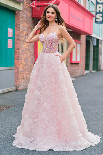 Glitzerndes Prinzessin Rosa trägerloses Korsett Geblümtes langes Ballkleid mit Pailletten