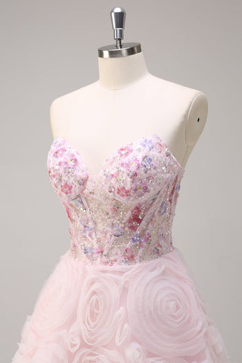 Funkelndes rosa Prinzessin trägerloses Blumen Korsett Langes Ballkleid mit Pailletten