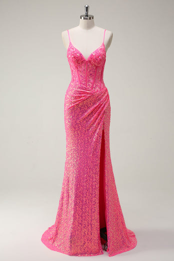 Glitzerndes pink Pailletten Meerjungfrauen Ballkleid mit Schlitz