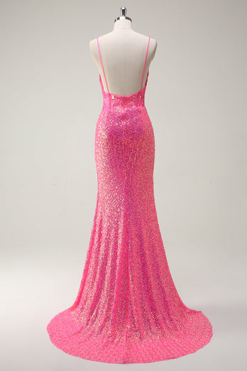 Glitzerndes pink Pailletten Meerjungfrauen Ballkleid mit Schlitz