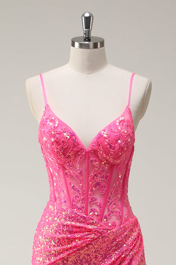 Glitzerndes pink Pailletten Meerjungfrauen Ballkleid mit Schlitz